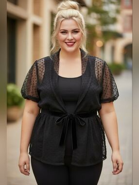 Torrid Black Sheer Polkadot Top with Velvet Waist Tie